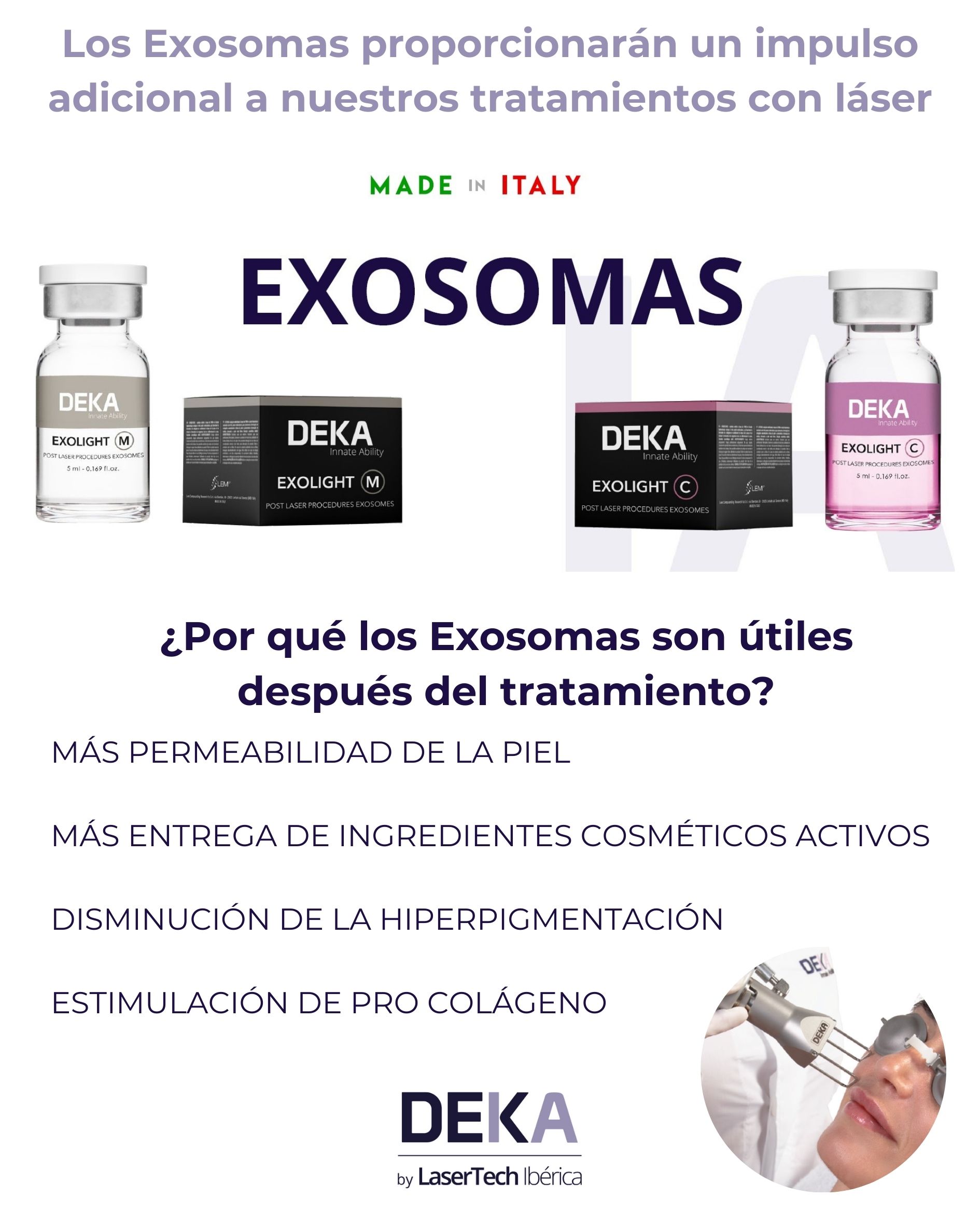 Viales estériles de EXOLIGHT® de DEKA, formulación tópica con exosomas puros y trazables para potenciar los resultados del láser y la regeneración cutánea.